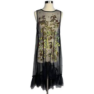 NWT Free People Black Sheer Ruffled Hem Dress Green Gold Sequence Whimsigoth